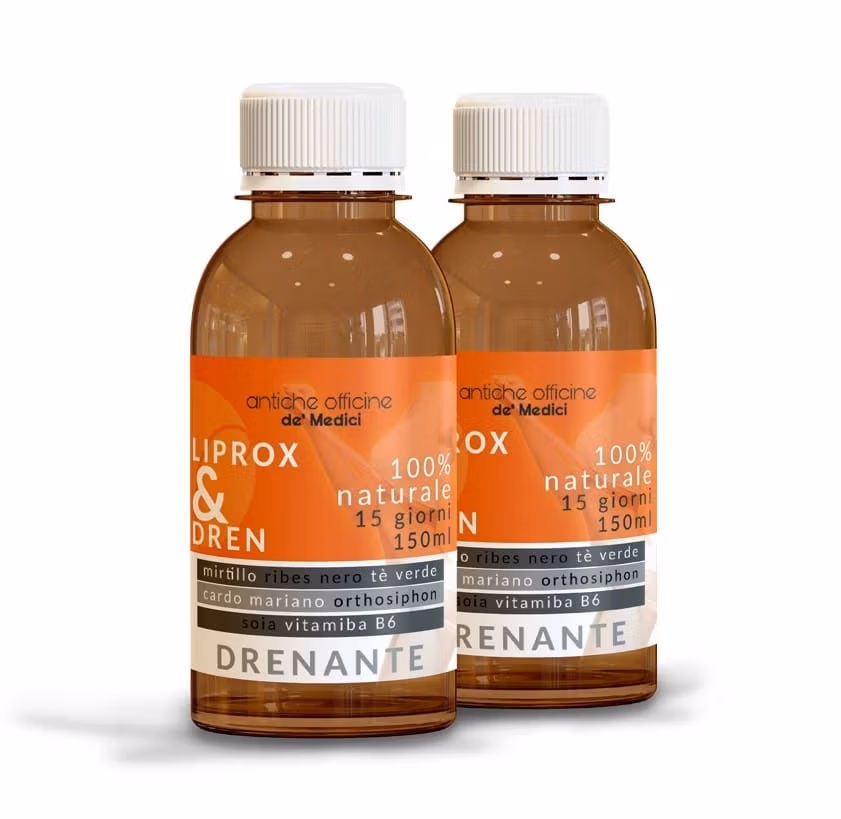 Integratore naturale in bottiglia con etichetta arancione e bianca.