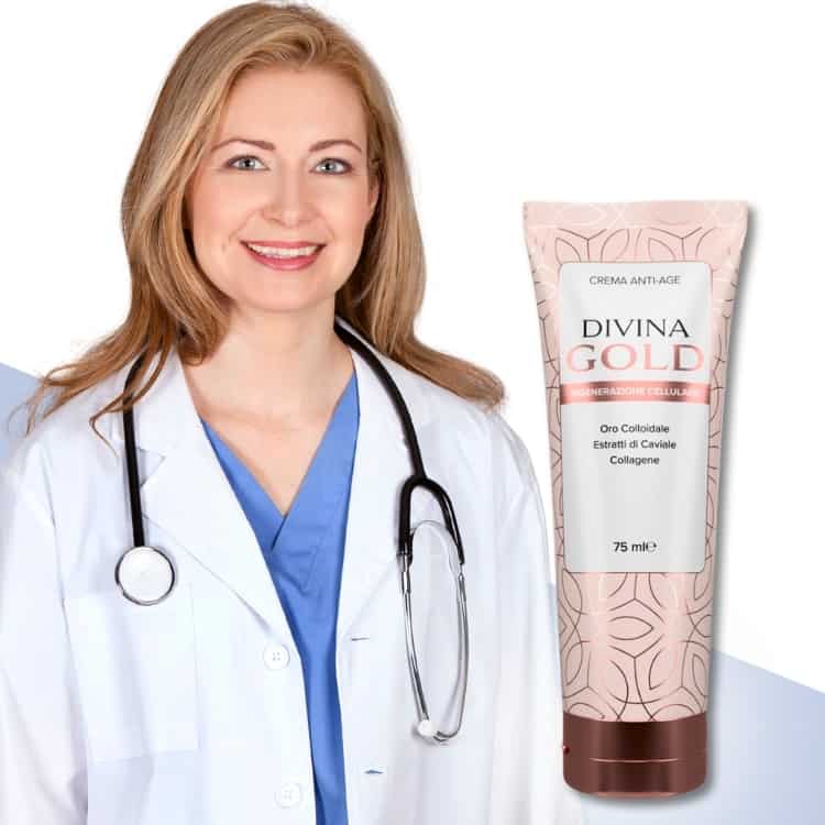 Donna medico con crema antirughe Divina Gold per borse e occhiaie.