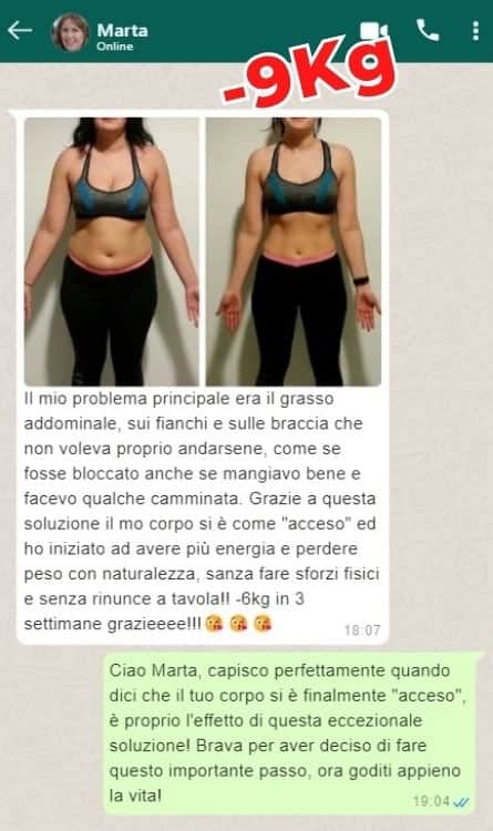 Prima e dopo la perdita di peso di 9 kg in 3 settimane.