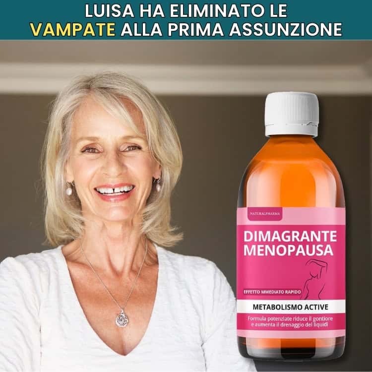 Integratore dimagrante menopausa con bottiglia rosa e donna sorridente.