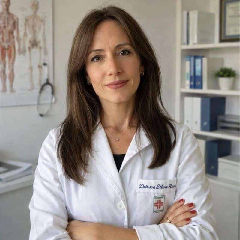 Dottoressa sorridente in ambulatorio con armadietti e strumenti medici.