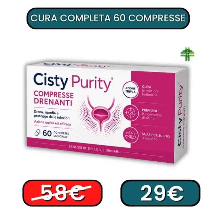 Integratore Cistite Purity con 60 compresse drenanti e protettive.