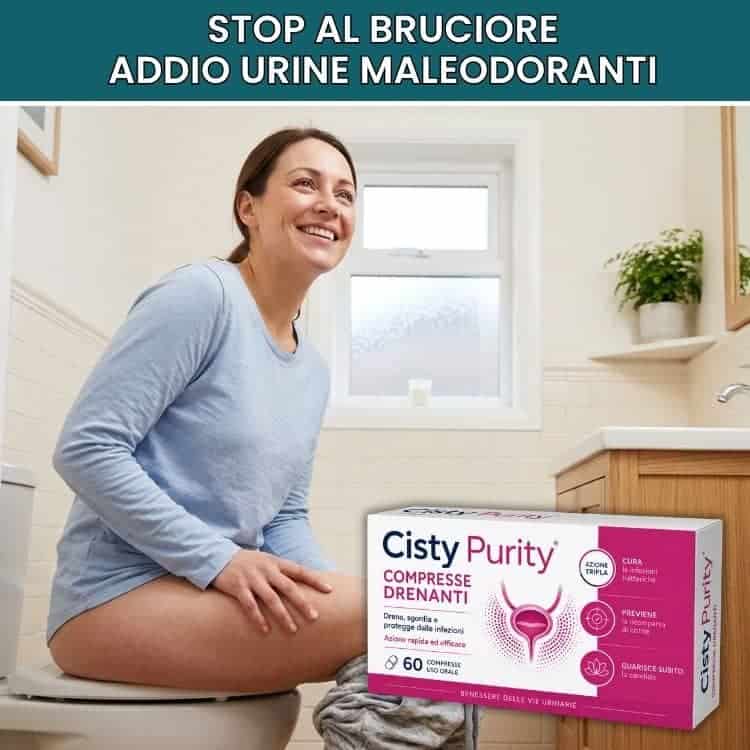 Donna sorridente con prodotto naturale per cistite e infiammazioni urinarie.