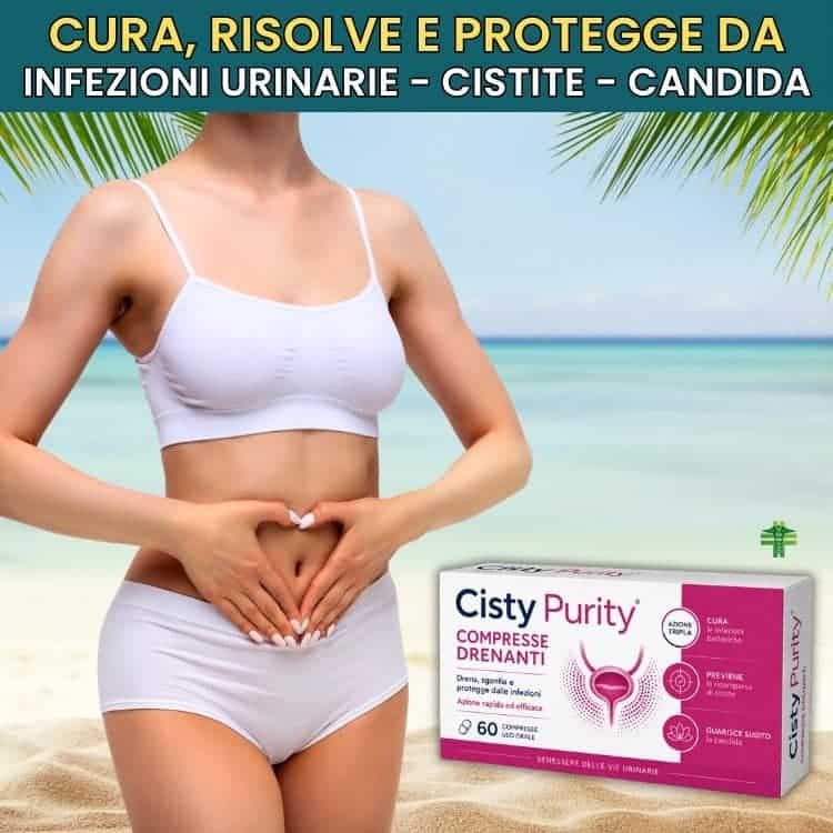 Donna in spiaggia con prodotto naturale per cistite e infezioni urinarie.